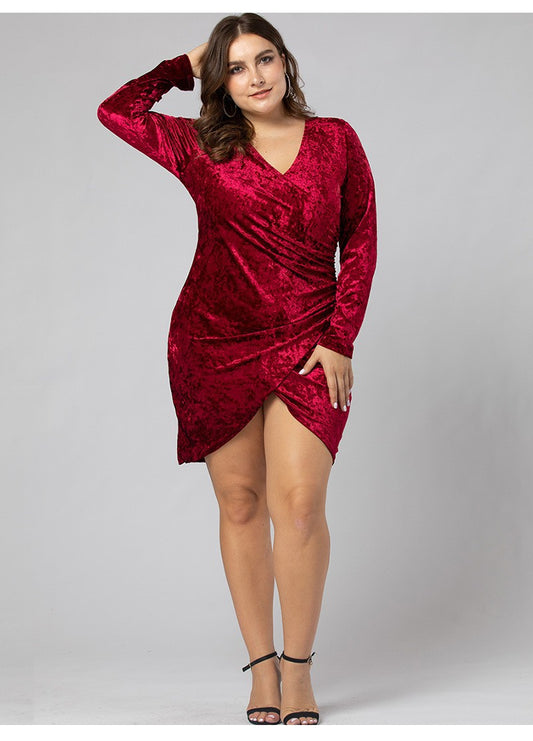 Plus Size Spring Sexy Street Hipster Women V neck Asymmetric Dress