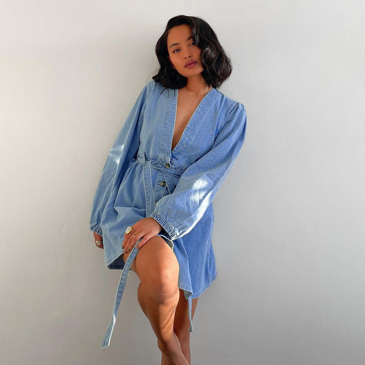 Women'Autumn Winter V neck Long Sleeved Denim Dress High Waist A line Dress