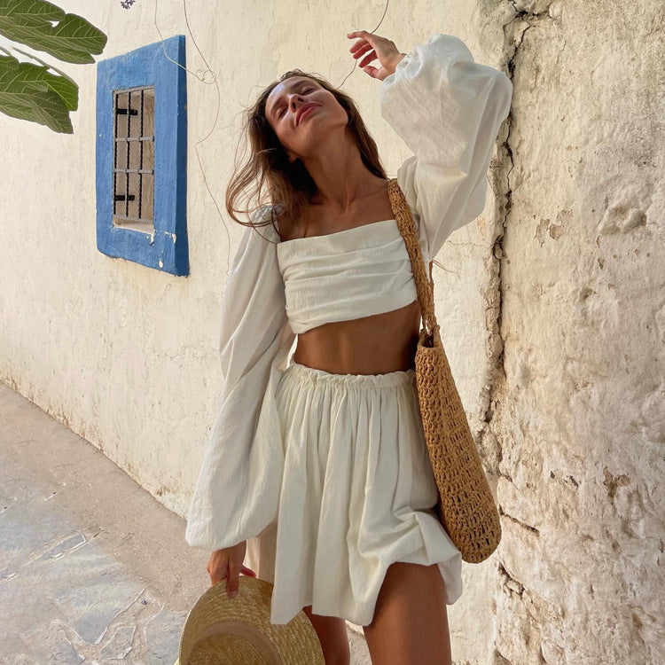 Spring Summer Suit Women  Clothing Lace up Tube Top Backless Top Pleated High Waist Short Skirt Two Piece Set