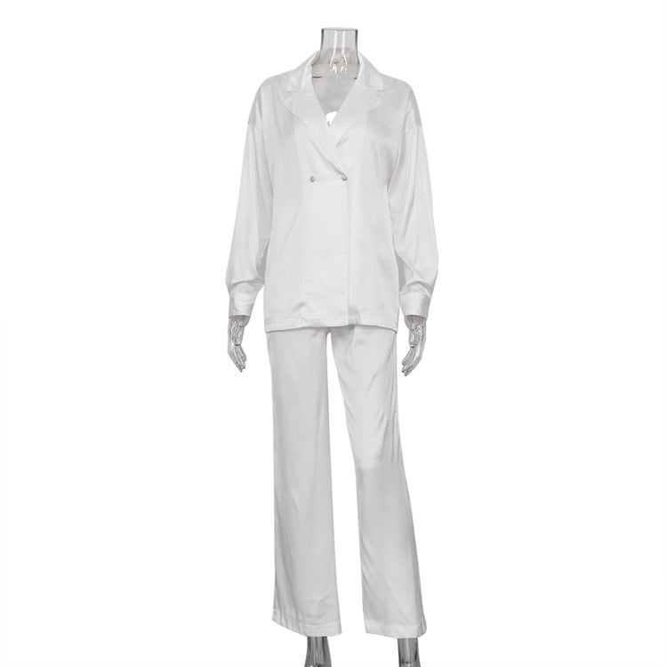 Early Autumn Satin Suit Two Piece Women Fashionable Elegant Long Sleeved Top Wide Leg Pants Suit
