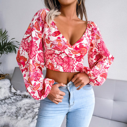 V-neck Lantern Sleeves Long Sleeve Floral Chiffon Shirt Vacation Style Cropped Top  Women Clothing