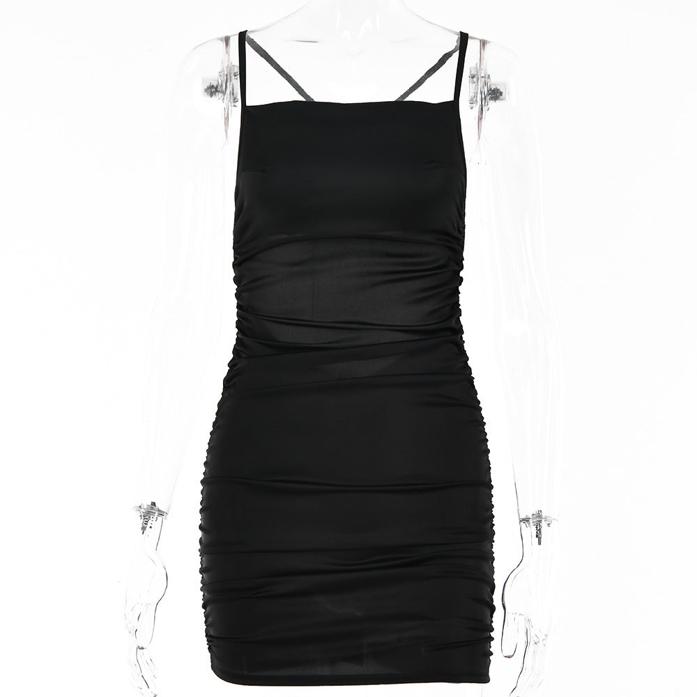 Women Early Autumn Solid Color Short  Women Sexy sexy Backless Diamond Strap Dress