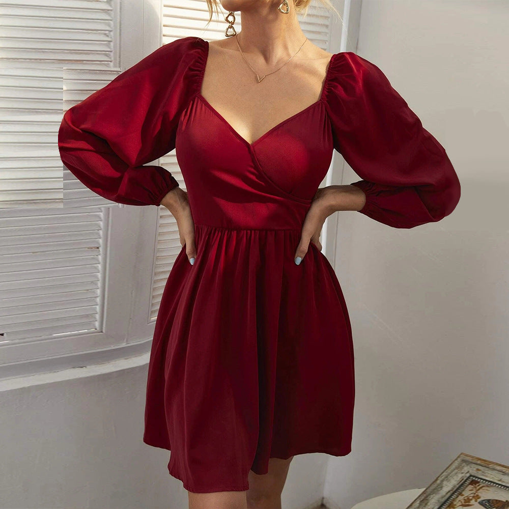 Spring Summer V-neck Puff Sleeve Waist-Tight Long Sleeve Ruffled Women Dress Short