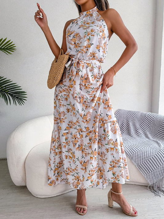 Style Halter Lace-up Backless Floral Dress Irregular Holiday Dress Women Clothing