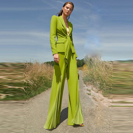 Autumn Winter Design Lace-up Blazer Pleated Zipper Trousers Set Two Piece Blazer Suit Set