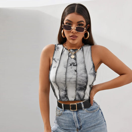 Spot  Popular Tie-Dyed Short Vest Sewing Line Outer Car round Neck Street Casual T-shirt Top for Women