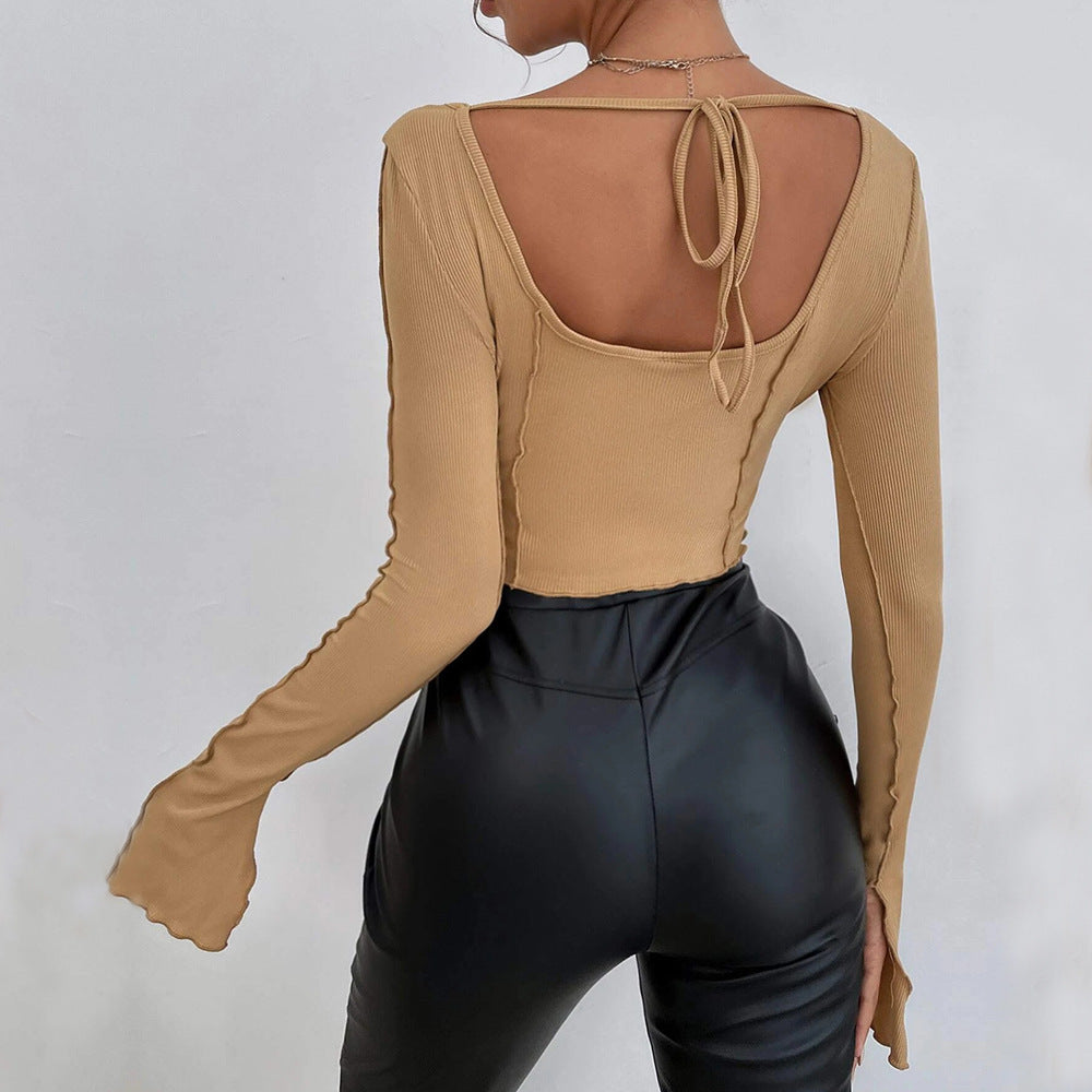 Women Clothing  Autumn Winter Slim Fit Long Sleeve Square-Neck Pullover Knitted Top T-shirt for Women