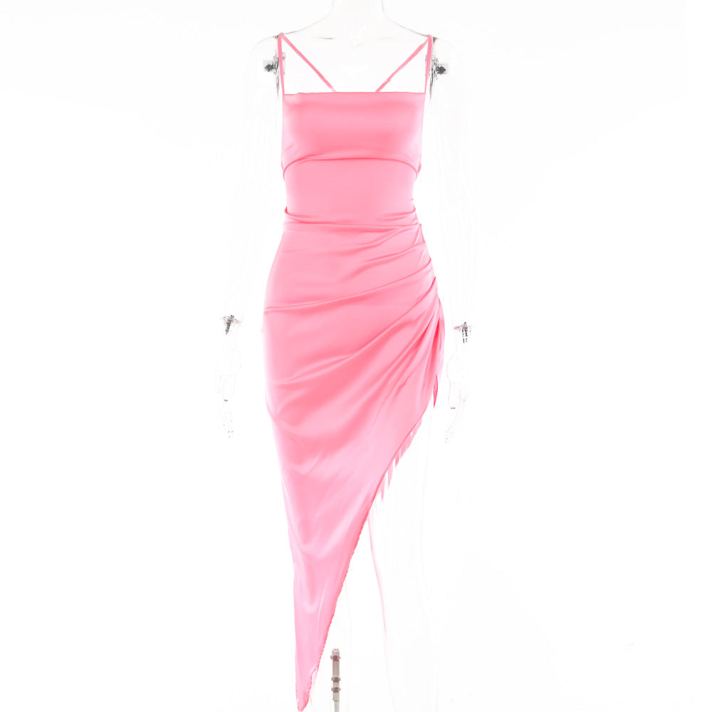 Street Style Summer Style Sexy sexy Irregular Cami Dress Best Seller Solid Color Backless Pleated Dress