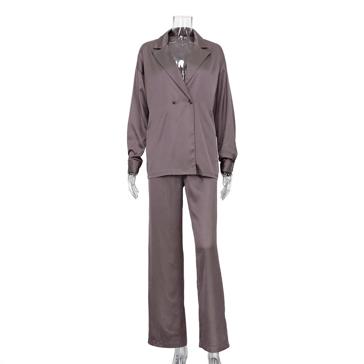 Early Autumn Satin Suit Two Piece Women Fashionable Elegant Long Sleeved Top Wide Leg Pants Suit