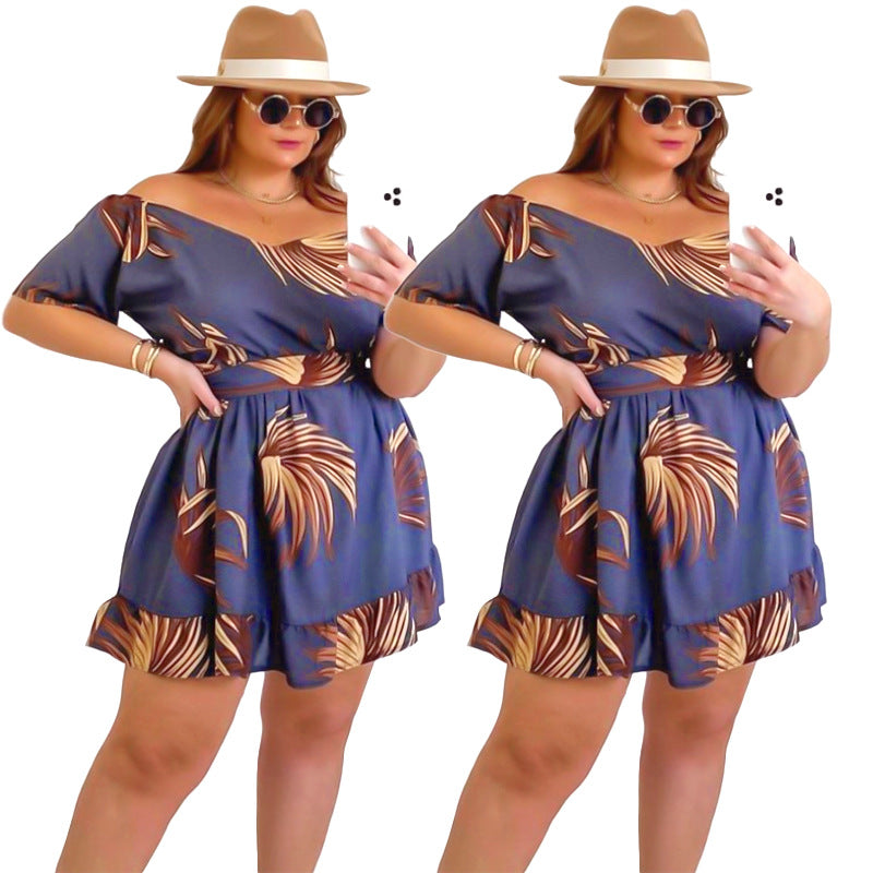 Plus Size New  Women Clothing Digital Printing Spring Summer Dress Lace Skirt