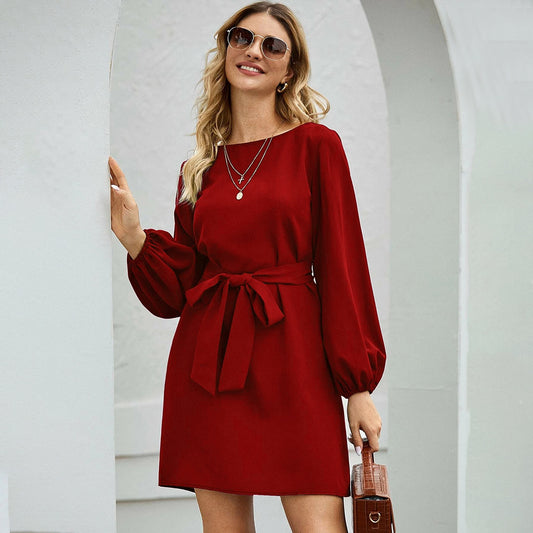 Women Clothing Style Loose Casual Belt Office A line  French Dress