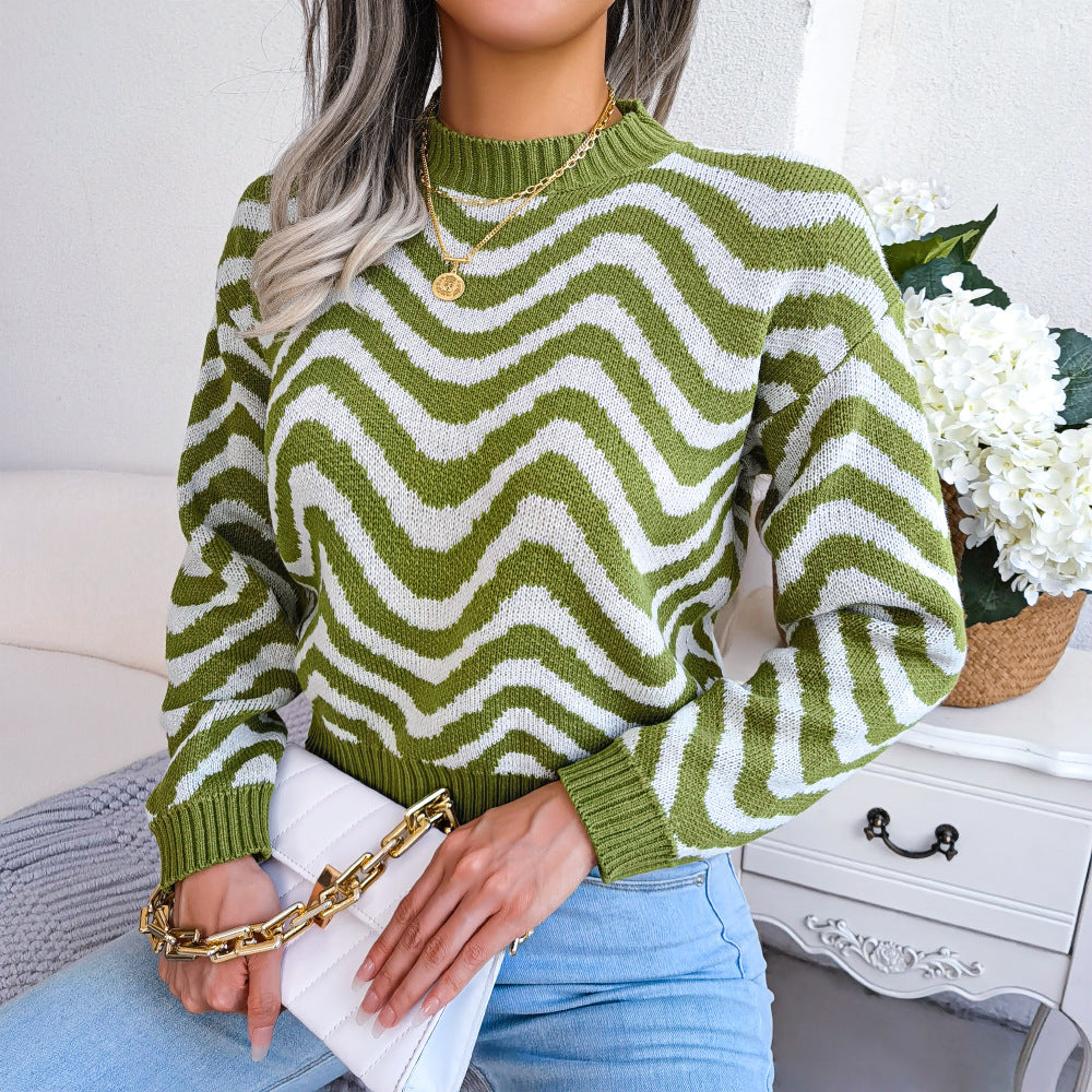 Autumn Winter Street Style Contrast Color Striped Long Sleeve Knitted Sweater Women Clothing