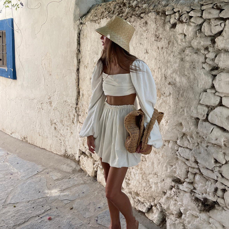Spring Summer Suit Women  Clothing Lace up Tube Top Backless Top Pleated High Waist Short Skirt Two Piece Set