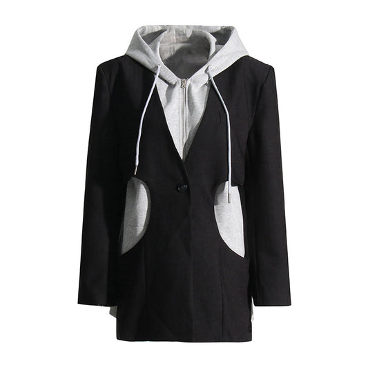 Autumn Winter Women's Clothing Niche Color Contrast Patchwork Hooded Casual Small Blazer for Women