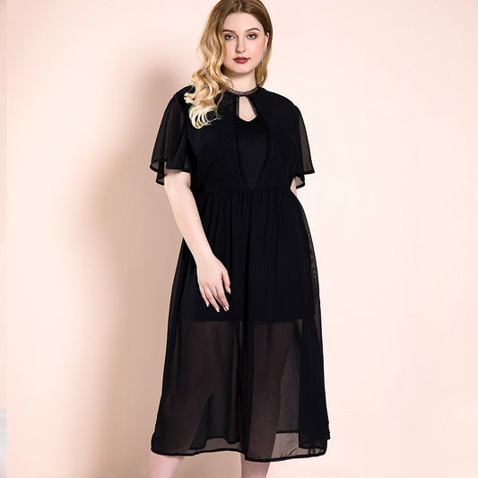 Plus Size Women Summer Ruffled Fairy Lace Black Dress Chiffon Vacation Dress