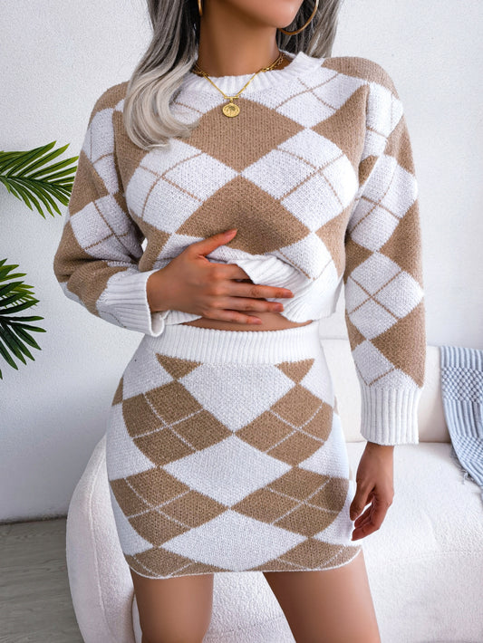 Style Autumn Winter Hit Color Diamond Lattice cropped Sweater Bag Hip Skirt Leisure Suit Women Clothing