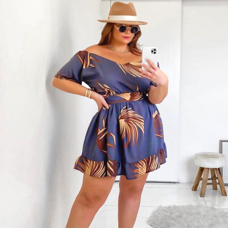 Plus Size New  Women Clothing Digital Printing Spring Summer Dress Lace Skirt