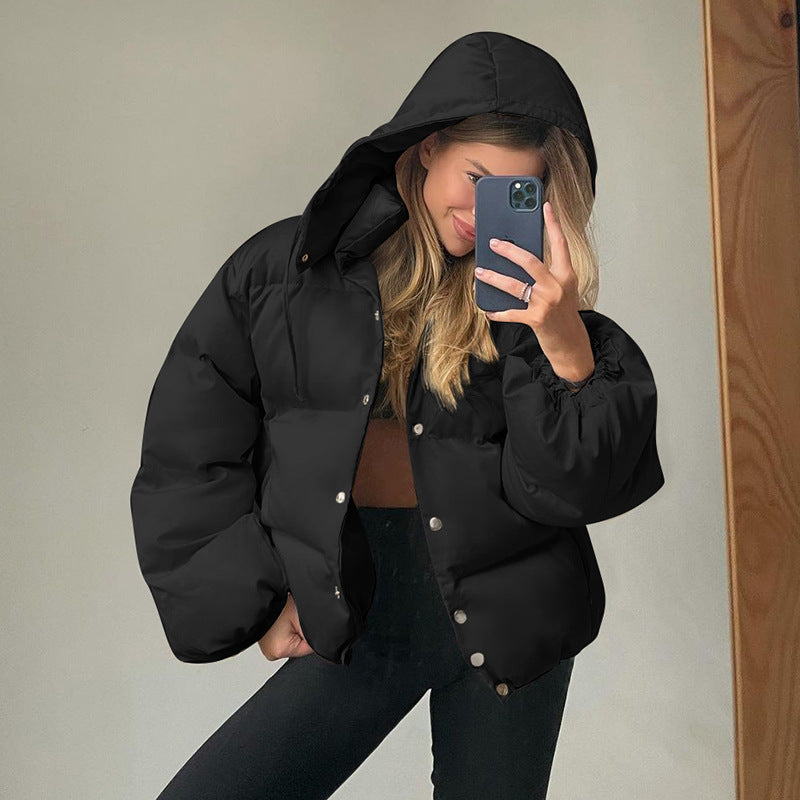 Winter Short Single Breasted Solid Color Hooded Long Sleeve CottonPadded Jacket Office Tops Women