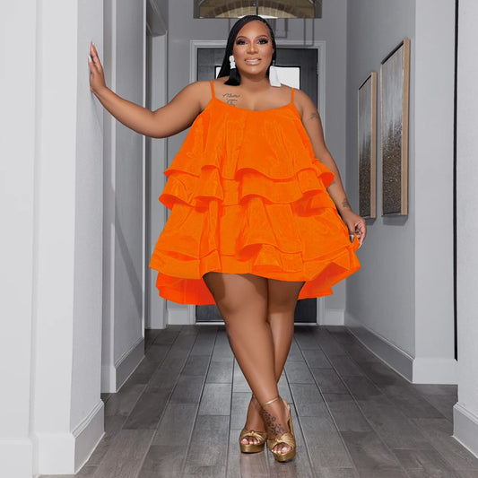 Plus Size Women Layered Suspender Ruffled Short Tiered Dress Sexy Dress