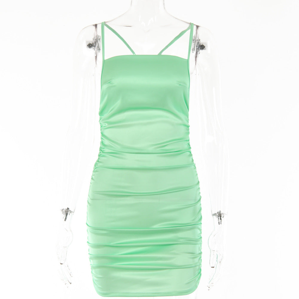 Women Early Autumn Solid Color Short  Women Sexy sexy Backless Diamond Strap Dress