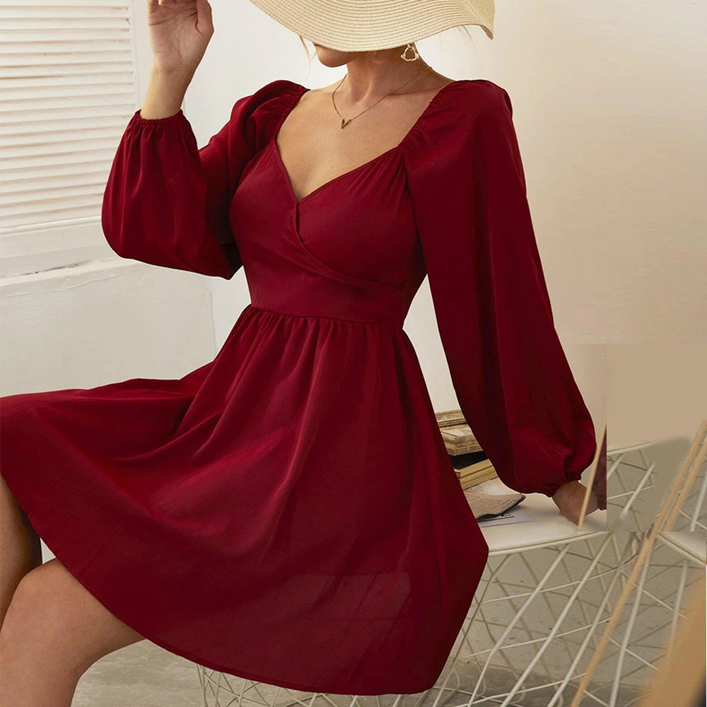 Spring Summer V-neck Puff Sleeve Waist-Tight Long Sleeve Ruffled Women Dress Short