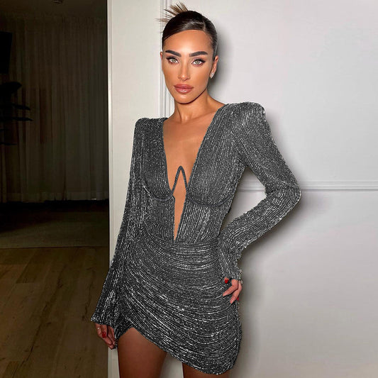 Style Sexy Sexy Deep V Steel Ring Chest Dress Women Padded Shoulder Pleated Long Sleeve Hip