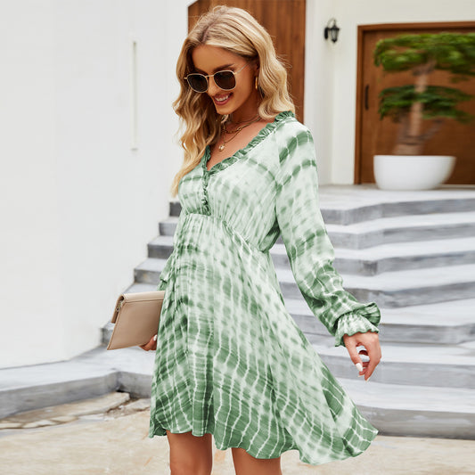 Women Clothing Classic Print Ruffled Long Sleeve Tie-Dye Dress Mini