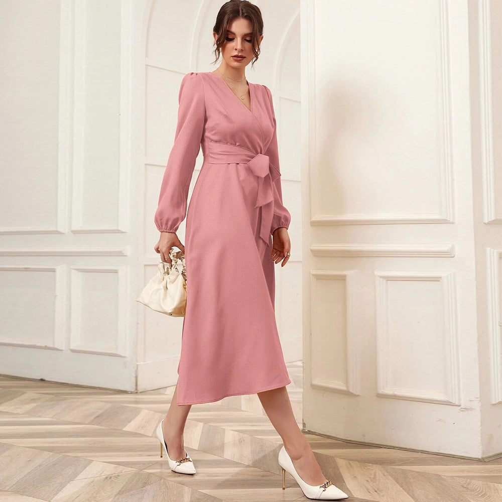 Bubble Sleeve Belt V-neck Long Sleeve Large  Women Midi Dress Spring Summer
