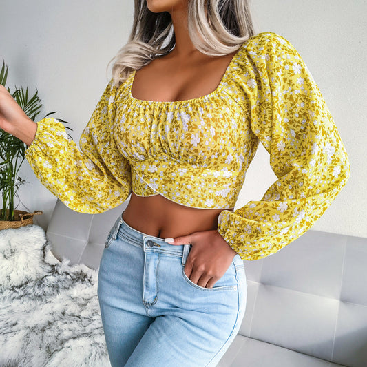 Lantern Sleeve Bow Floral Chiffon Shirt Vacation Style Cropped Top Women Clothing