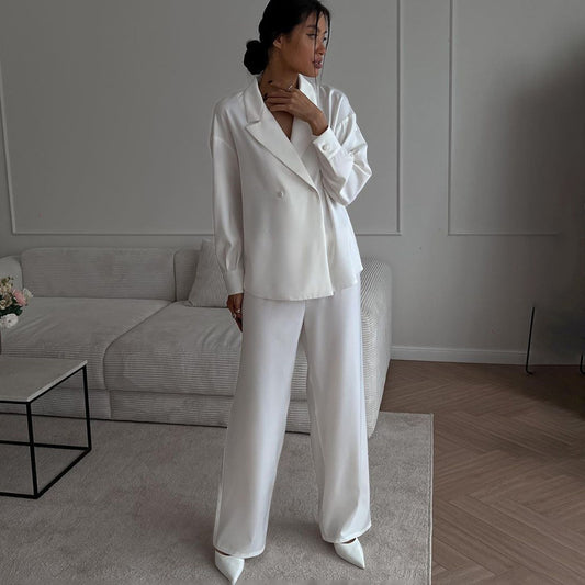 Early Autumn Satin Suit Two Piece Women Fashionable Elegant Long Sleeved Top Wide Leg Pants Suit
