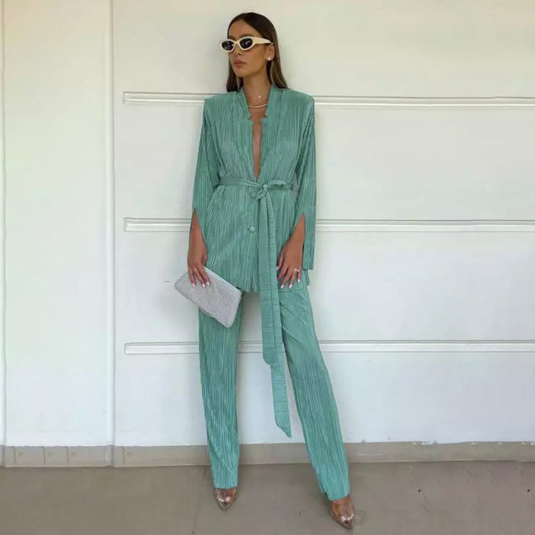 Early Autumn Women Clothing Suit Matching Split Sleeve Lace up Shirt Pleated Pants Two Piece Set