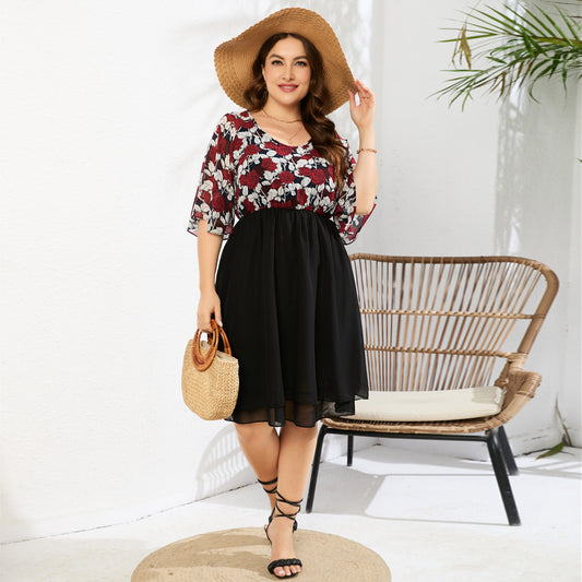Plus Size Printed Dress Woman Waist Tight Chiffon Dress