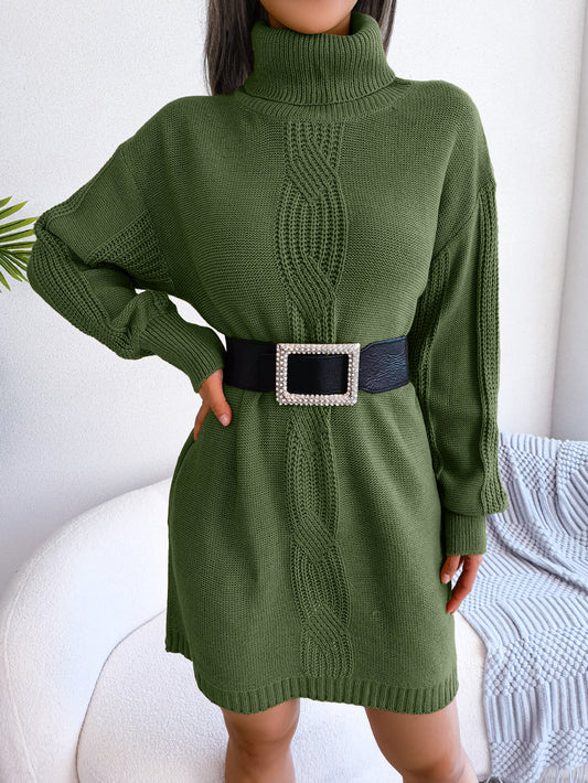 Autumn Winter Leisure Turtleneck Twist Lantern Sleeve Base Sweater Dress Women Clothing No Belt
