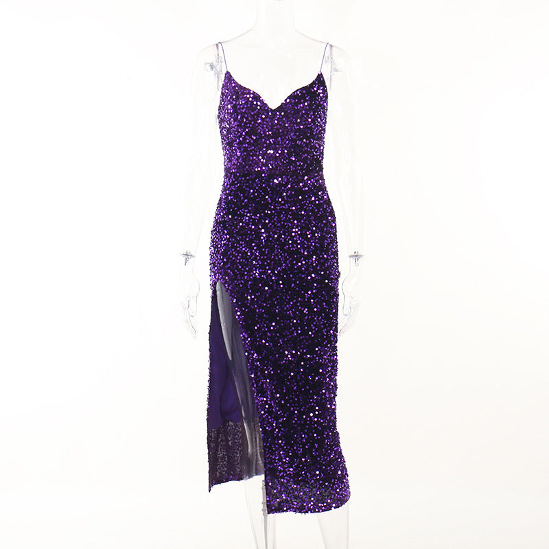 Sequin Sling Thigh Side Open Cross V neck Dress Women Style Sexy Backless Dress