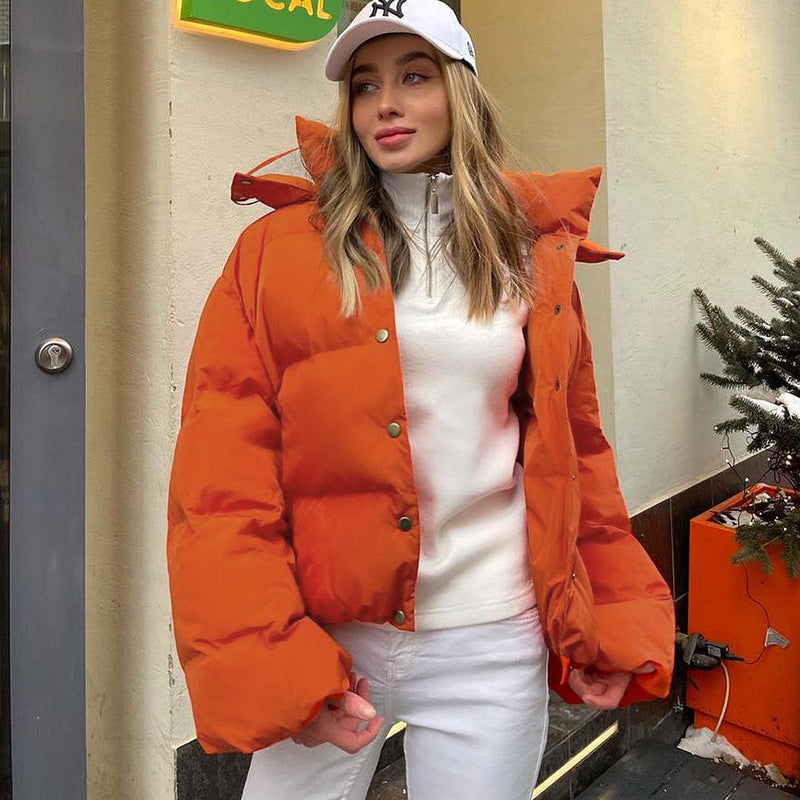 Winter Short Single Breasted Solid Color Hooded Long Sleeve CottonPadded Jacket Office Tops Women