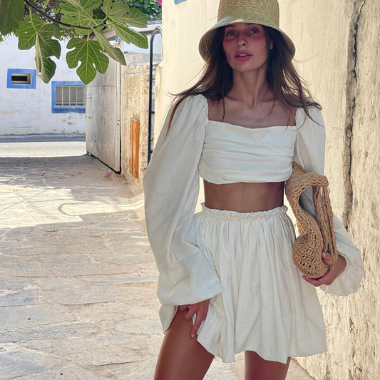 Spring Summer Suit Women  Clothing Lace up Tube Top Backless Top Pleated High Waist Short Skirt Two Piece Set