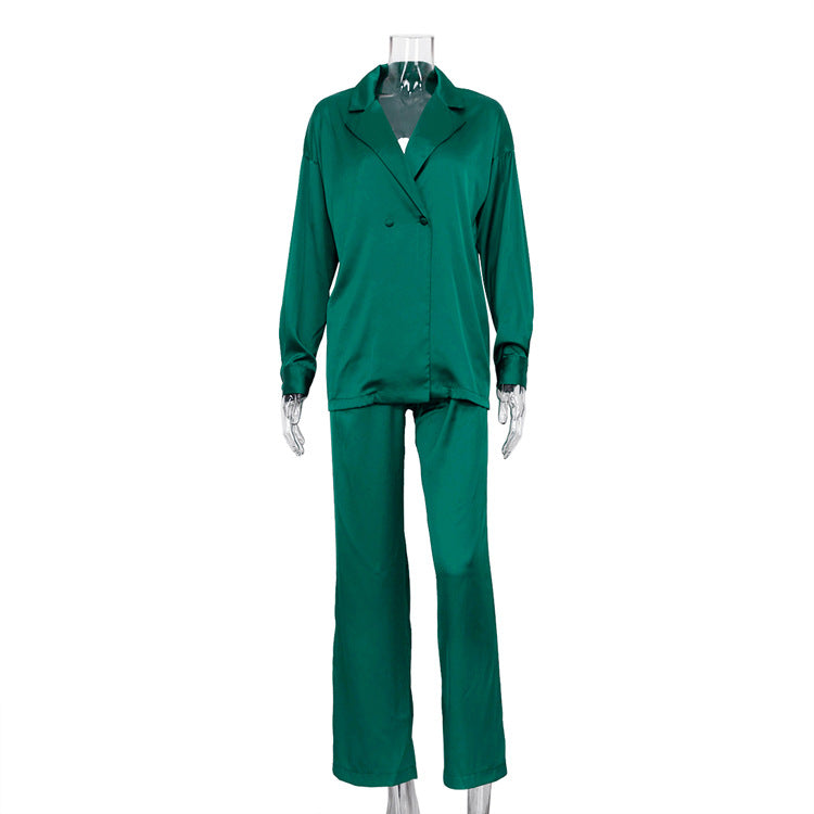 Early Autumn Satin Suit Two Piece Women Fashionable Elegant Long Sleeved Top Wide Leg Pants Suit