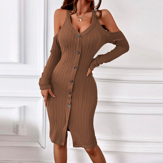 Women Clothing Single Breasted Hollow Out Cutout out Cinched Thick Hemp Floral Knitted Sheath Dress